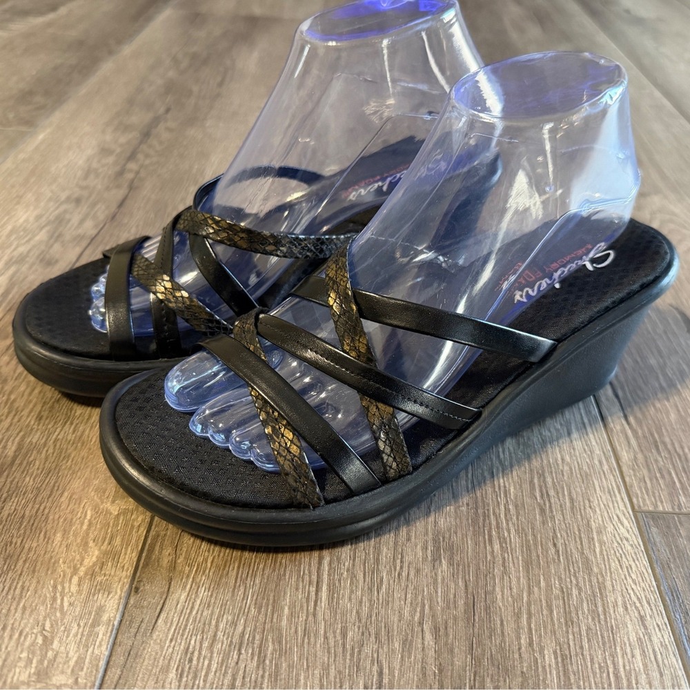 Skechers Womens Black Snakeskin Strappy Wedge Sandals Memory Foam Size 9